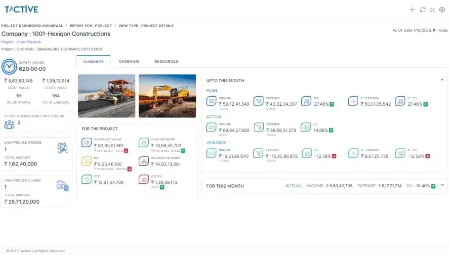 Screen Capture of Project Summary View Dashboard on Tactive ERP